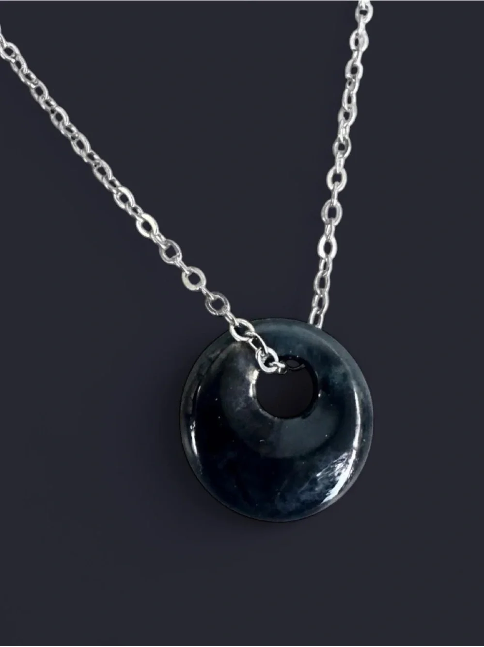 Black Agate Donut Pendant Silver Necklace